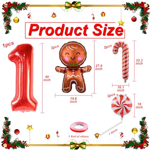 Villorem Christmas Foil Balloons Red Number 1 Balloon Candy Cane Balloons Gingerbread Balloon for Birthday Christmas Party Decorations - Image 5