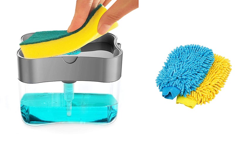 Shopper52 2 in 1 Soap Liquid Dispenser Pump and Sponge with Microfibre Wash Dust Cleaning Gloves (Combo: Soap Pump with Gloves) - Image 1