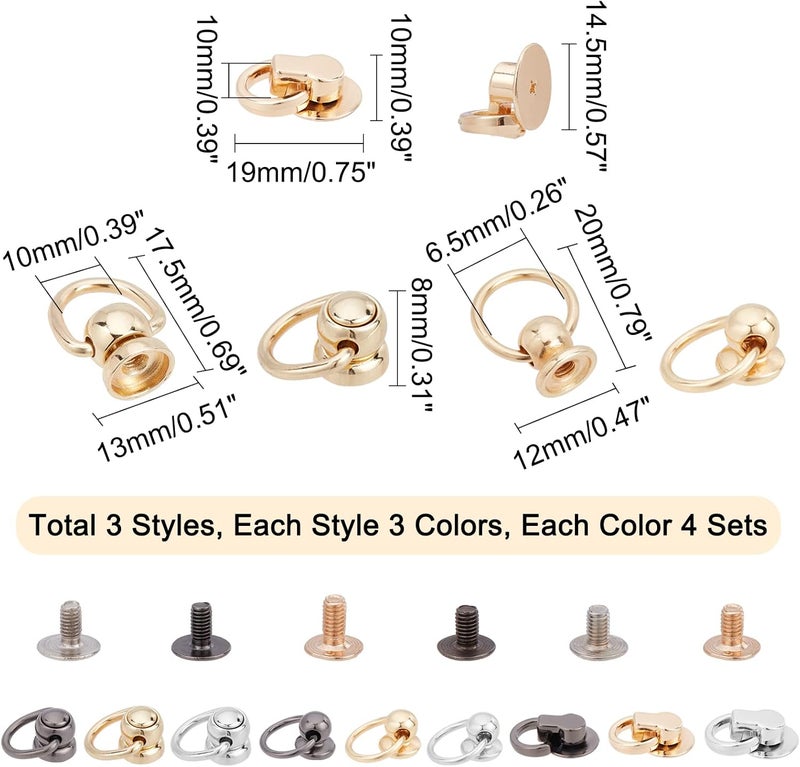 كلاراكو مجموعة من 36 قطعة من مسامير المسامير الكروية من كلاركو، 9 أنماط، مسامير حلقية على شكل حرف D، مسامير حلقية على شكل حرف D، أزرار رأسية حلقية دوارة، مشبك حلقي على شكل حرف D، موصل مقبض، عمود كروي مع مشبك قفل حلقي O لحقائب الحرف الجلدية اليدوية - Image 4