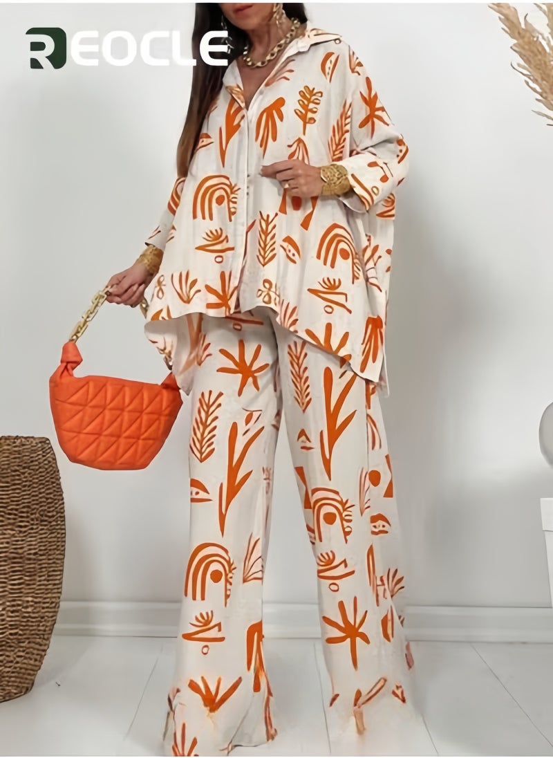 REOCLE Fashionable Casual Suit Straight Printed Pants Loose Button Shirt 2 Piece Suit Women - Image 4