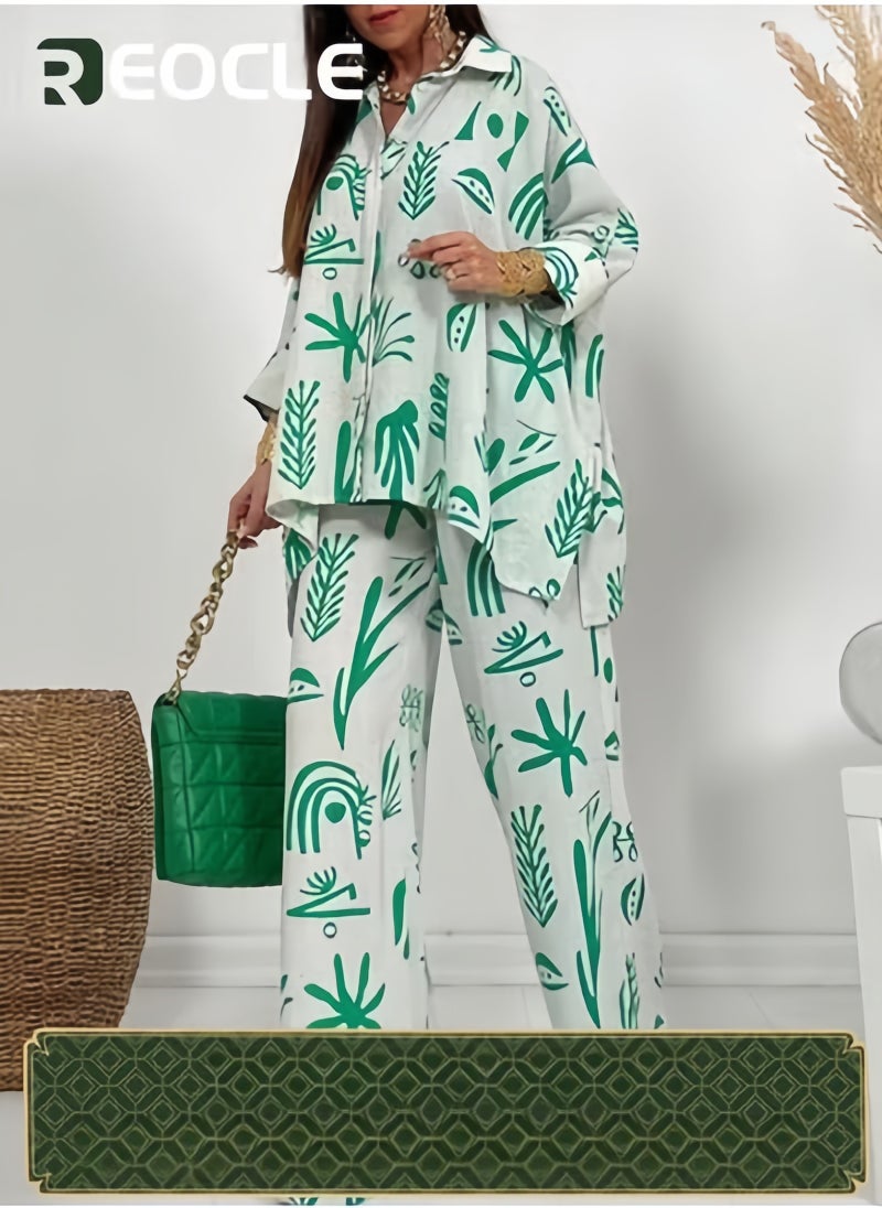 REOCLE Fashionable Casual Suit Straight Printed Pants Loose Button Shirt 2 Piece Suit Women - Image 1