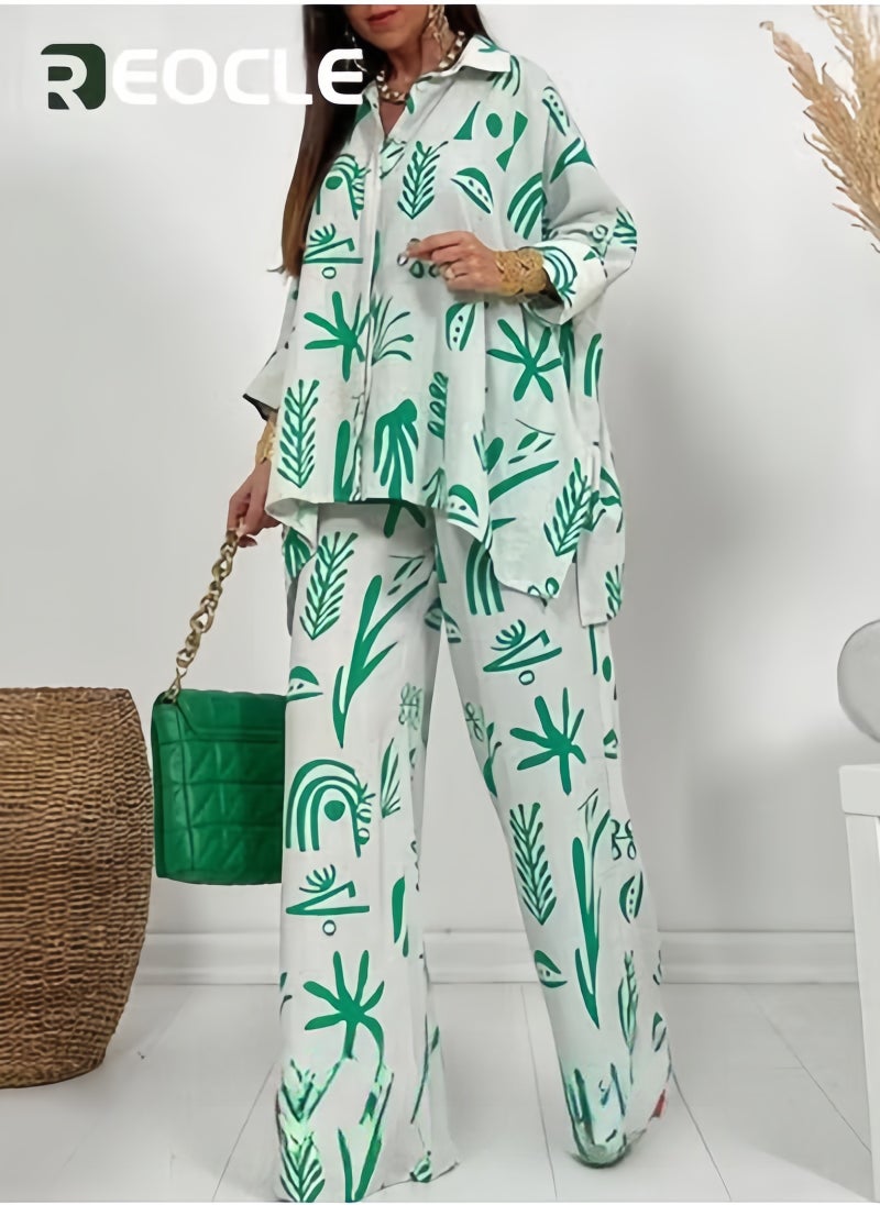 REOCLE Fashionable Casual Suit Straight Printed Pants Loose Button Shirt 2 Piece Suit Women - Image 2