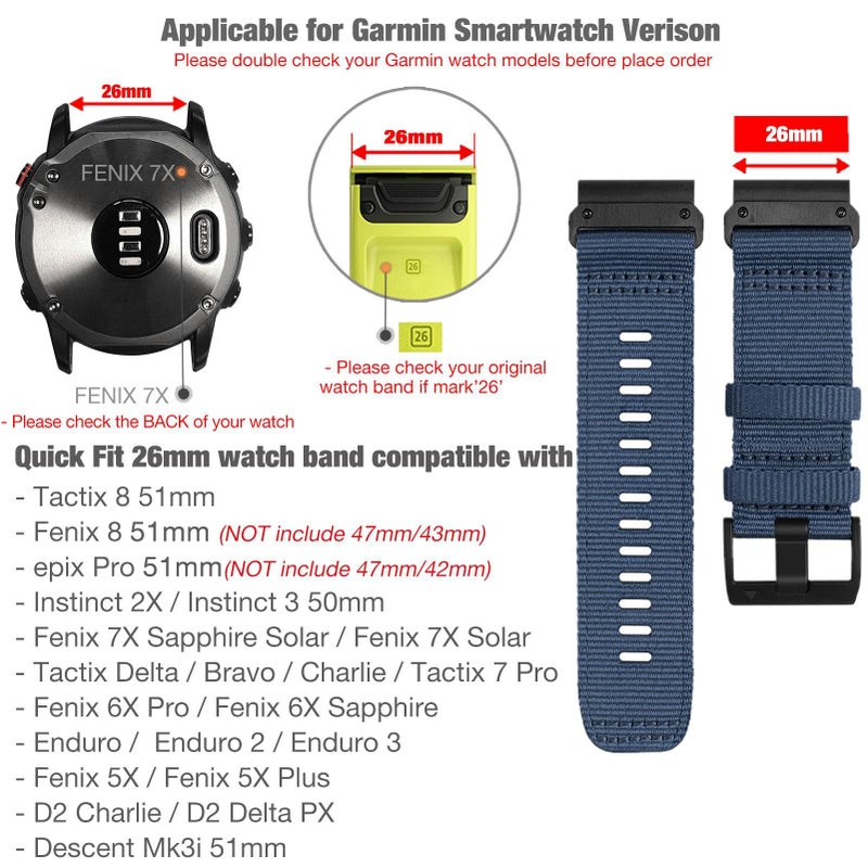 Abanen Rugged Nylon Watch Bands for Garmin Fenix 8 51mm / Enduro/Instinct 2X / epix Pro 51mm, Adjustable Sports Wrist Strap with Stainless Steel Clasp for Fenix 7X / 6X /5X, Instinct 3 50mm - Image 2