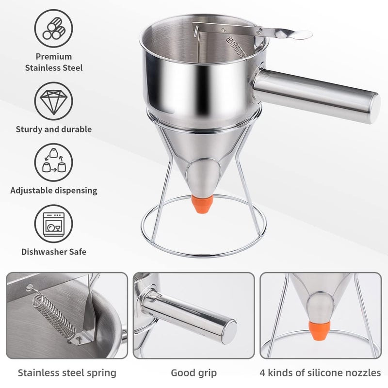 shoxil Shoxil 20oz Pancake Batter Dispenser, Multi-Caliber Stainless Steel Funnel Cake Dispenser with Stand Great for Pancakes, Cupcakes or Any Baked Goods  - Image 2