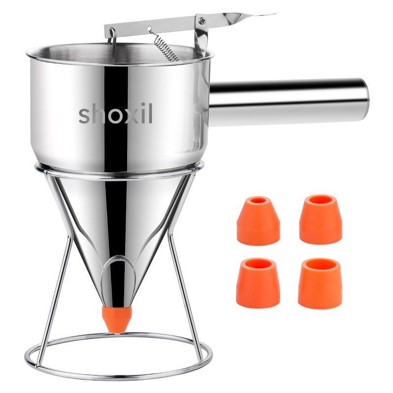 shoxil Shoxil 20oz Pancake Batter Dispenser, Multi-Caliber Stainless Steel Funnel Cake Dispenser with Stand Great for Pancakes, Cupcakes or Any Baked Goods  - Image 1