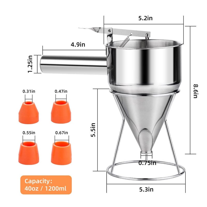 shoxil Shoxil 20oz Pancake Batter Dispenser, Multi-Caliber Stainless Steel Funnel Cake Dispenser with Stand Great for Pancakes, Cupcakes or Any Baked Goods  - Image 3