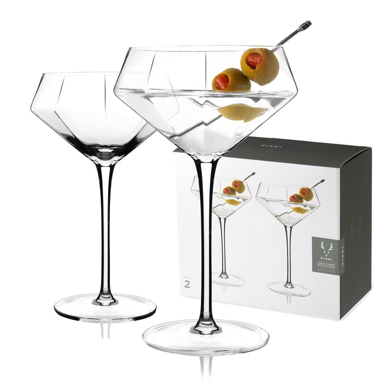 Viski Seneca Diamond Faceted Crystal Martini Glasses  Stemmed Cocktail Glasses  11 Oz Set of 2