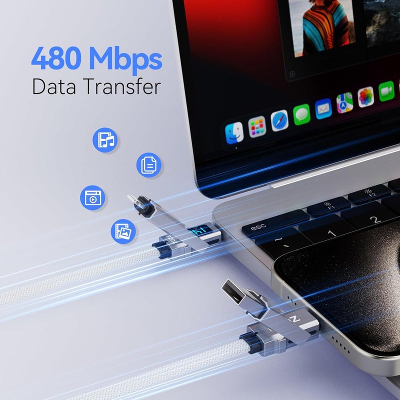 Pzoz 140W 4-in-1 Cable 1.5M with LED Power Display, USB-C & Lightning | Braided cable and reinforced connectors for long-lasting performance. Compatibility with iPhone, iPad, MacBook and more. - Image 3