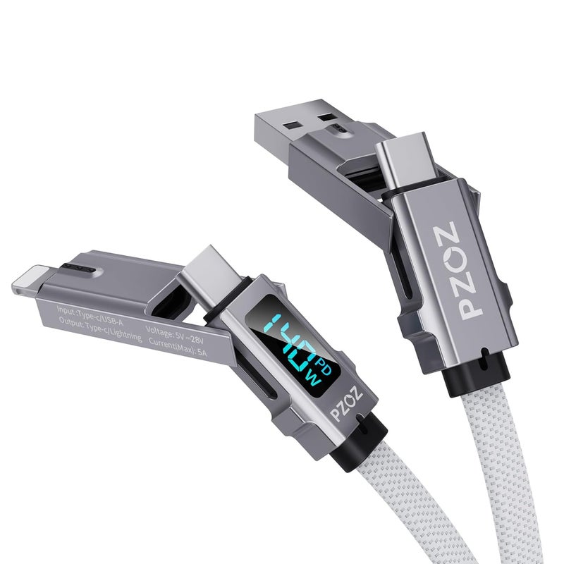 Pzoz 140W 4-in-1 Cable 1.5M with LED Power Display, USB-C & Lightning | Braided cable and reinforced connectors for long-lasting performance. Compatibility with iPhone, iPad, MacBook and more. - Image 1
