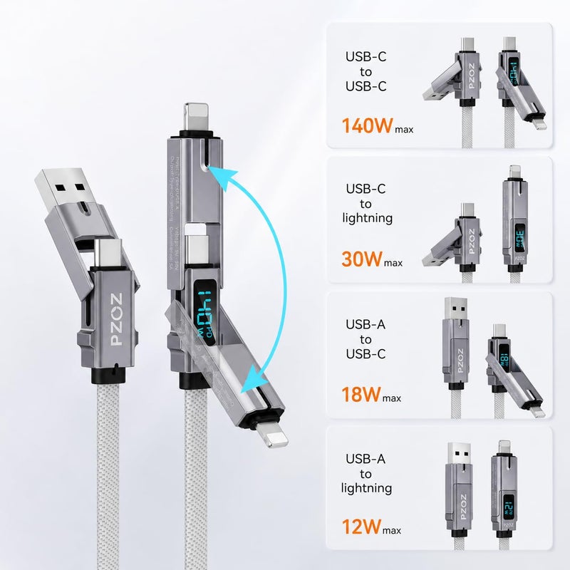 Pzoz 140W 4-in-1 Cable 1.5M with LED Power Display, USB-C & Lightning | Braided cable and reinforced connectors for long-lasting performance. Compatibility with iPhone, iPad, MacBook and more. - Image 4