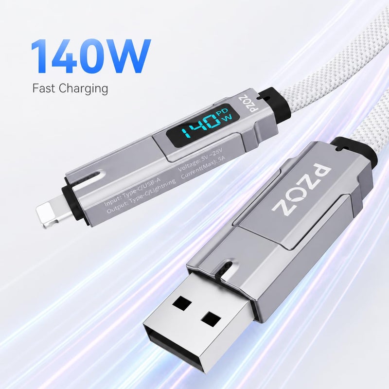 Pzoz 140W 4-in-1 Cable 1.5M with LED Power Display, USB-C & Lightning | Braided cable and reinforced connectors for long-lasting performance. Compatibility with iPhone, iPad, MacBook and more. - Image 2