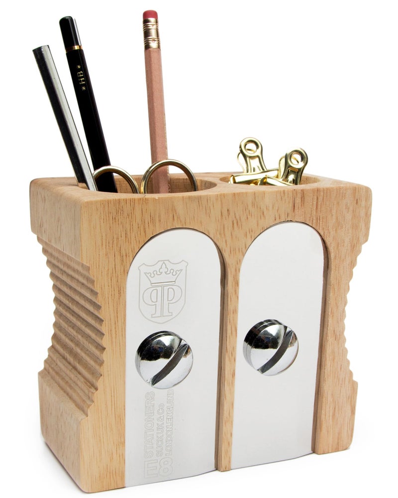 SUCK UK | Pen Holder | Wooden Desk Tidy & Pencil Sharpener Shaped Desk Accessories | Organiser Storage For Stationary Supplies | Pencil Holder & Pen Holders Table | Decorative Office Gifts | Double - Image 1