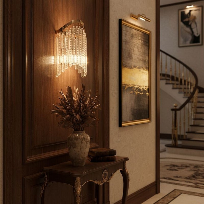 DANUBE HOME Zahra Crystal Wall Lamp Contemporary Indoor Wall Lamps Wall Mounted Lanterns E14 Bulb Base Modern Design Indoor Lighting For Bedroom Dining Living Room L23xW21xH13cm-Gold - Image 2