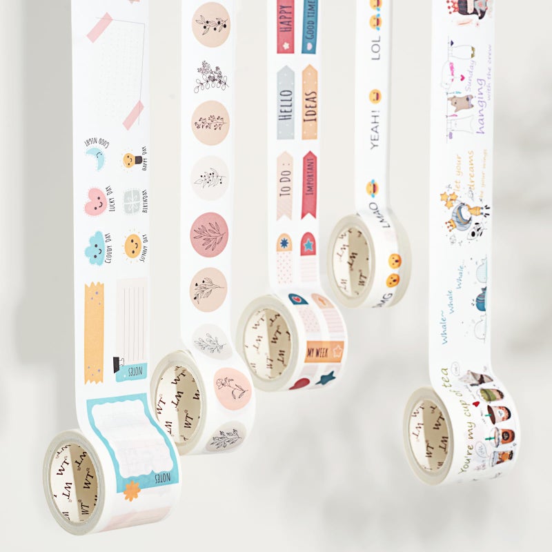WT WT Planners Washi Tape Sticker Set 5 Rolls Original Floral Weekly Decorative Stickers Cute Pastel Adhesive Tape for Planners Journals Bujo DIY Crafts Stationery Supplies 