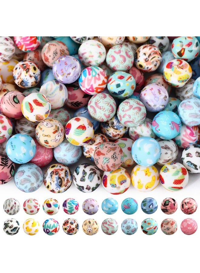 Ferreve 120 Pcs 15mm Silicone Beads Bulk Silicone Beads Print Rubber DIY Bracelet Making Kit for Keychain Making Pens Necklace Jewelry(Lovely) - Image 1