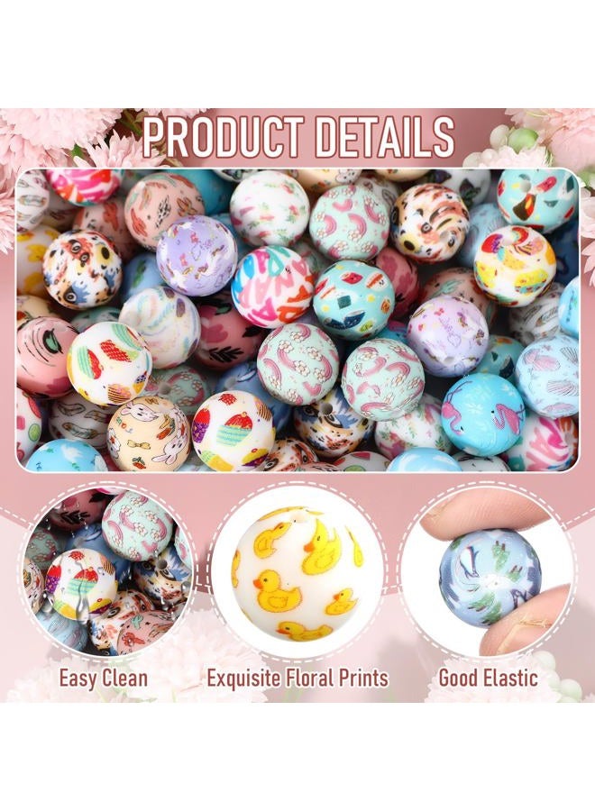 Ferreve 120 Pcs 15mm Silicone Beads Bulk Silicone Beads Print Rubber DIY Bracelet Making Kit for Keychain Making Pens Necklace Jewelry(Lovely) - Image 3