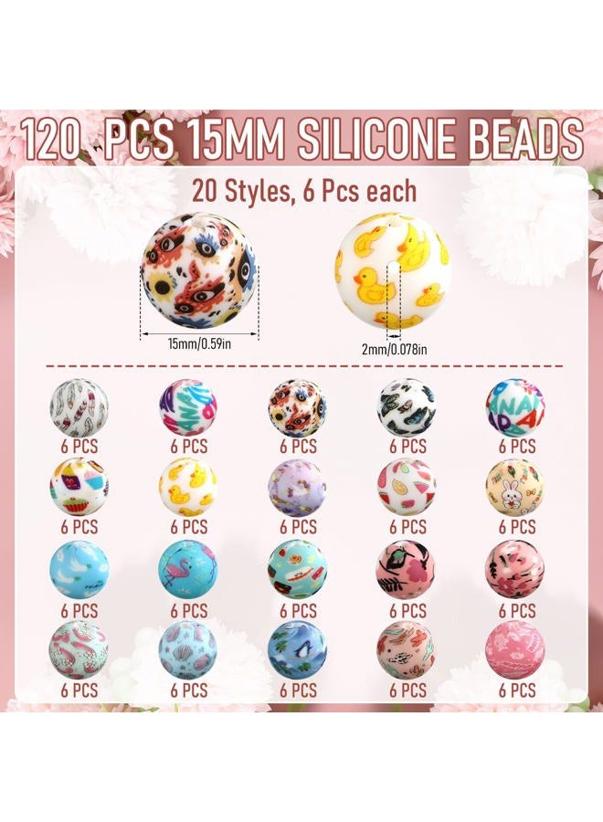 Ferreve 120 Pcs 15mm Silicone Beads Bulk Silicone Beads Print Rubber DIY Bracelet Making Kit for Keychain Making Pens Necklace Jewelry(Lovely) - Image 2