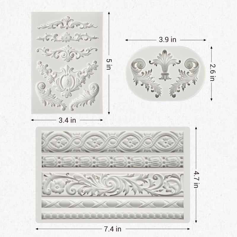 JOERSH 3PCS Baroque Silicone Molds Scroll Border Mold Baroque Clay Mold Fondant Molds for Wedding Birthday Cake Decorating, Chocolate, Sugar, Clay Crafts - Image 2