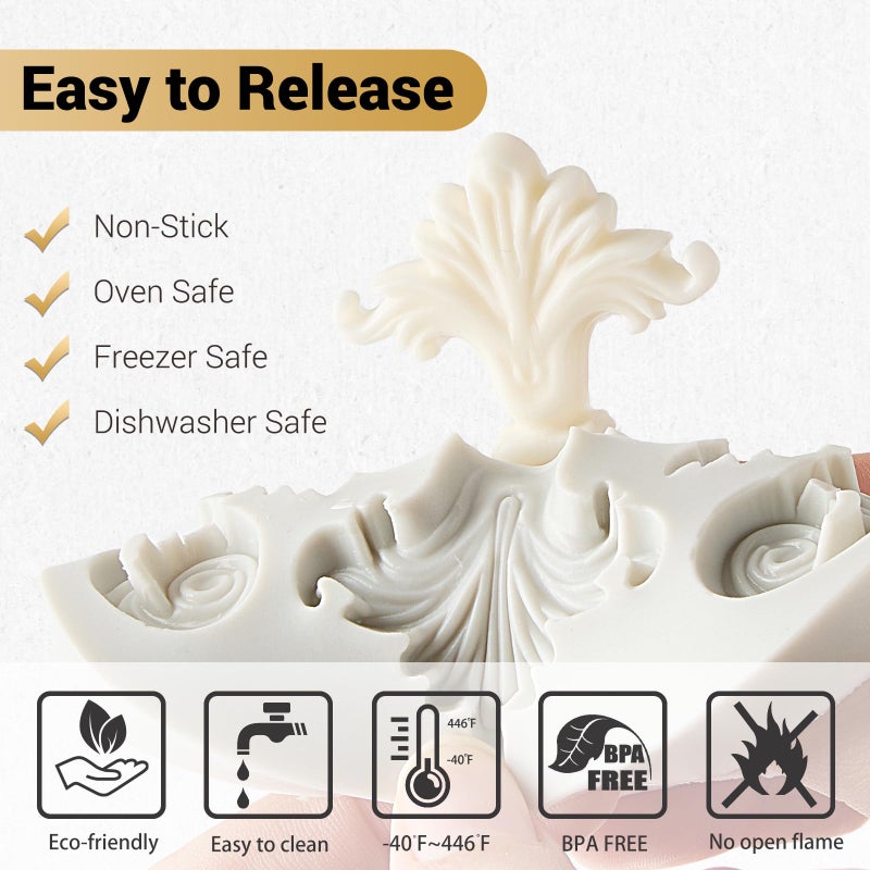 JOERSH 3PCS Baroque Silicone Molds Scroll Border Mold Baroque Clay Mold Fondant Molds for Wedding Birthday Cake Decorating, Chocolate, Sugar, Clay Crafts - Image 3