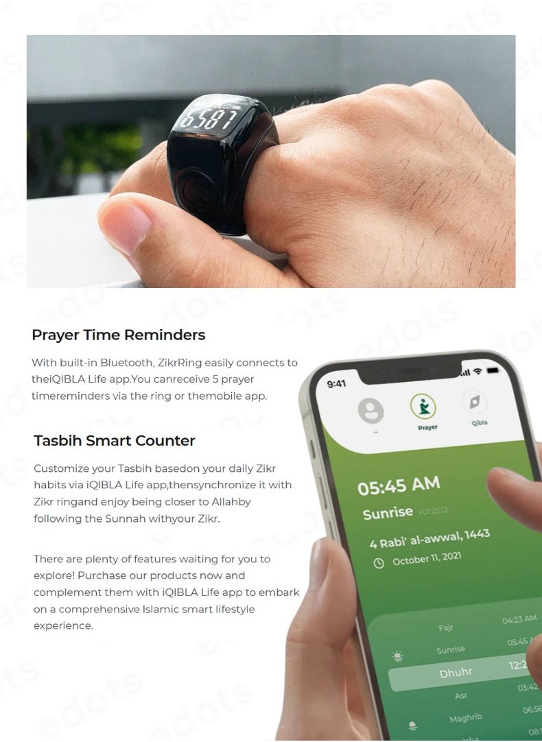 iQIBLA Zikr Ring Flex Advance | Smart Tasbih Counter with Bluetooth Connectivity and Advanced Features | Black  - Image 2