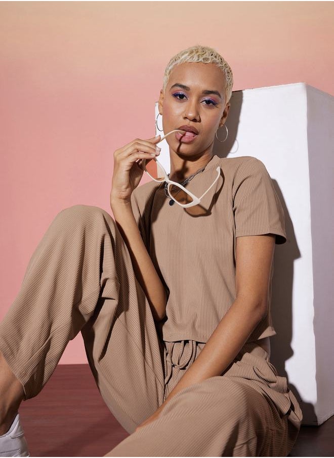 SASSAFRAS Ribbed Crop Top & Straight Pants Co-Ords by Styli  - Image 3