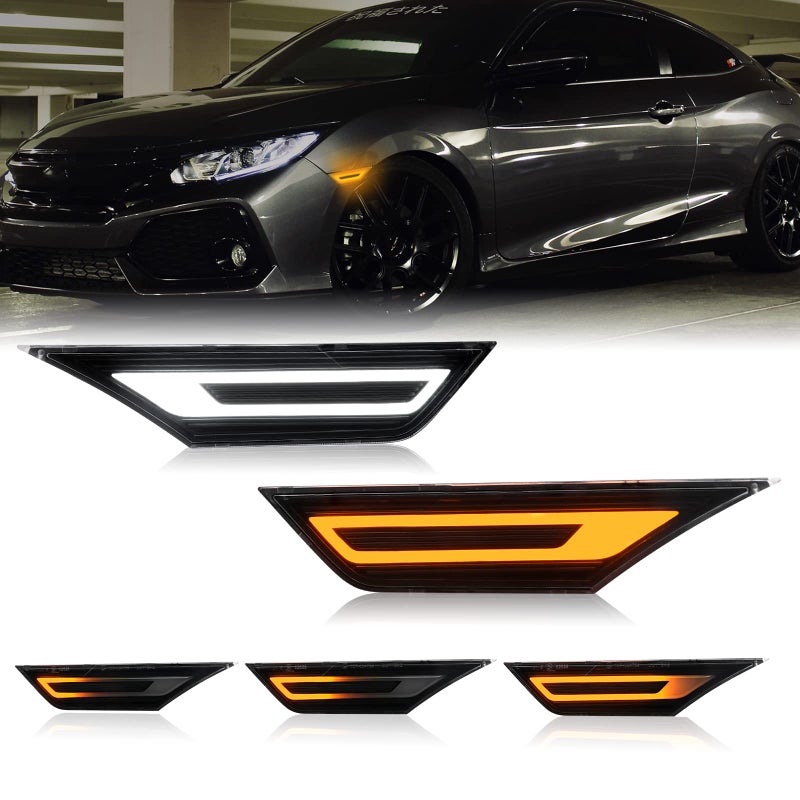 مصباح جانبي ديناميكي LED بديل لمؤشر Civic CoupeHatchbackSedan الجيل العاشر 20162021 مصباح فندر إشارة انعطاف برتقالي مصباح موضع أبيض عدسة شفافة