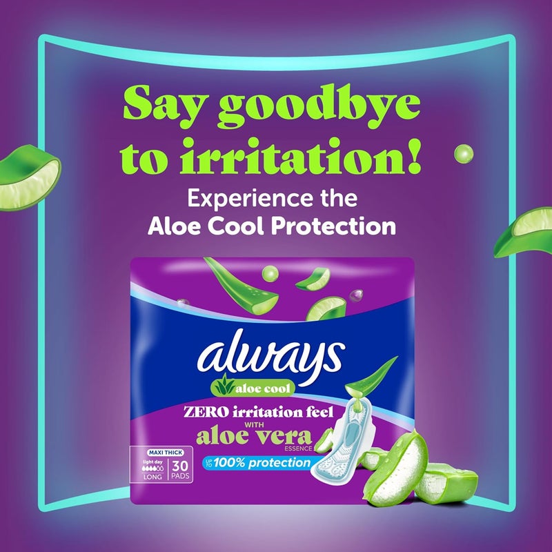 Always Aloe Cool Disposable Pads With Aloe Vera Essence For Light Days, For Zero Irritation Feel, Long Maxi Thick Pads With Wings, 30 Count - Image 2