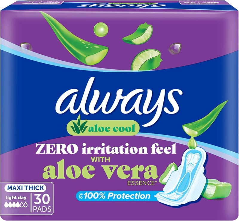 Always Aloe Cool Disposable Pads With Aloe Vera Essence For Light Days, For Zero Irritation Feel, Long Maxi Thick Pads With Wings, 30 Count - Image 1
