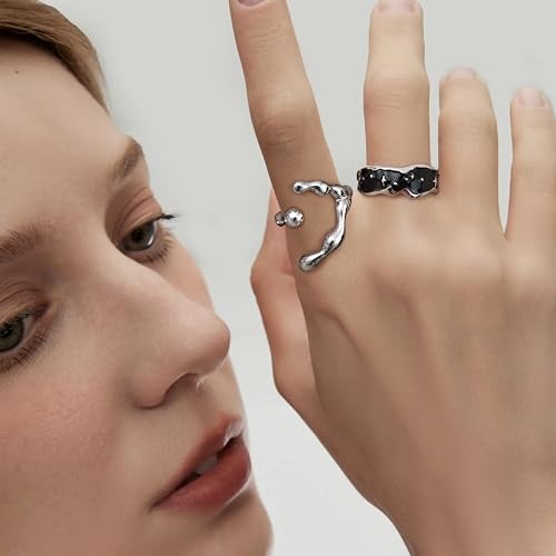 Drperfect 13 PCS Y2k Rings For Women Vintage Irregular Rings for Women Men Chunky Adjustable Rings Gothic Goth Open Moonstone Butterfly Star Pink Heart Cool Statement Ring Aesthetic Accessories Ring Set - Image 5