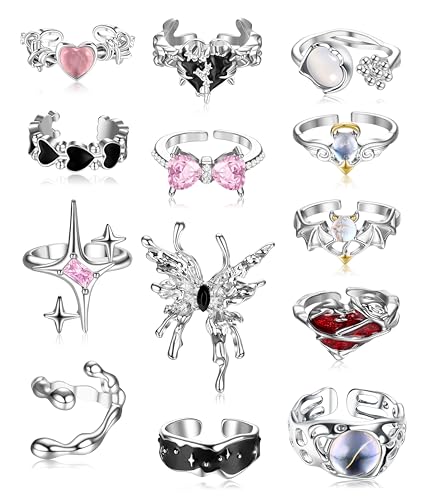 Drperfect 13 PCS Y2k Rings For Women Vintage Irregular Rings for Women Men Chunky Adjustable Rings Gothic Goth Open Moonstone Butterfly Star Pink Heart Cool Statement Ring Aesthetic Accessories Ring Set - Image 1