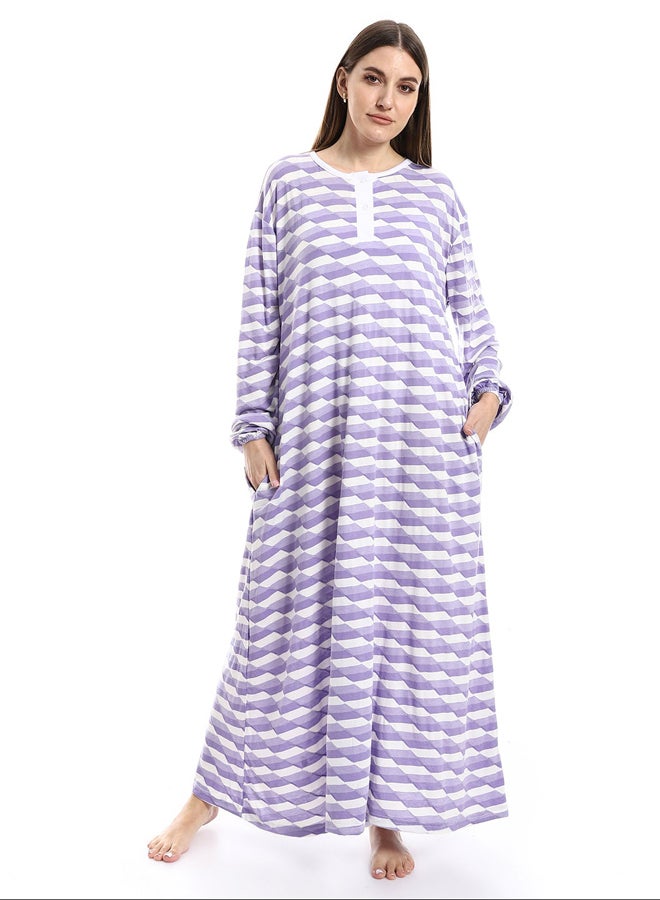 Andora Side Pockets Henely Neck White & Pale Lilac Nightgown_Pale Lilac - Image 1