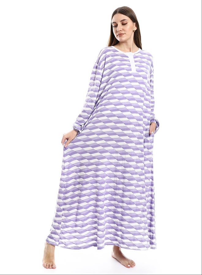 Andora Side Pockets Henely Neck White & Pale Lilac Nightgown_Pale Lilac - Image 2