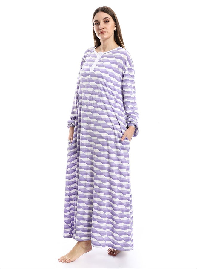 Andora Side Pockets Henely Neck White & Pale Lilac Nightgown_Pale Lilac - Image 5