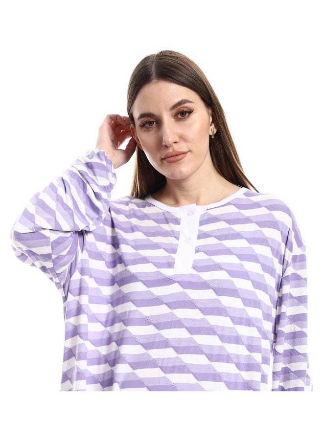 Andora Side Pockets Henely Neck White & Pale Lilac Nightgown_Pale Lilac - Image 4