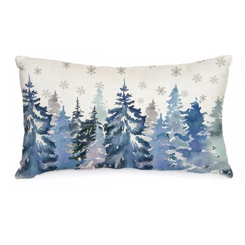 AACORS Winter Pillow Cover 12x20 Inch Watercolor Teal Tree Snowflake Decoration Holiday Farmhouse Pillow Case Nature Forest Decor for Home Sofa Couch Navy Blue AA28712
