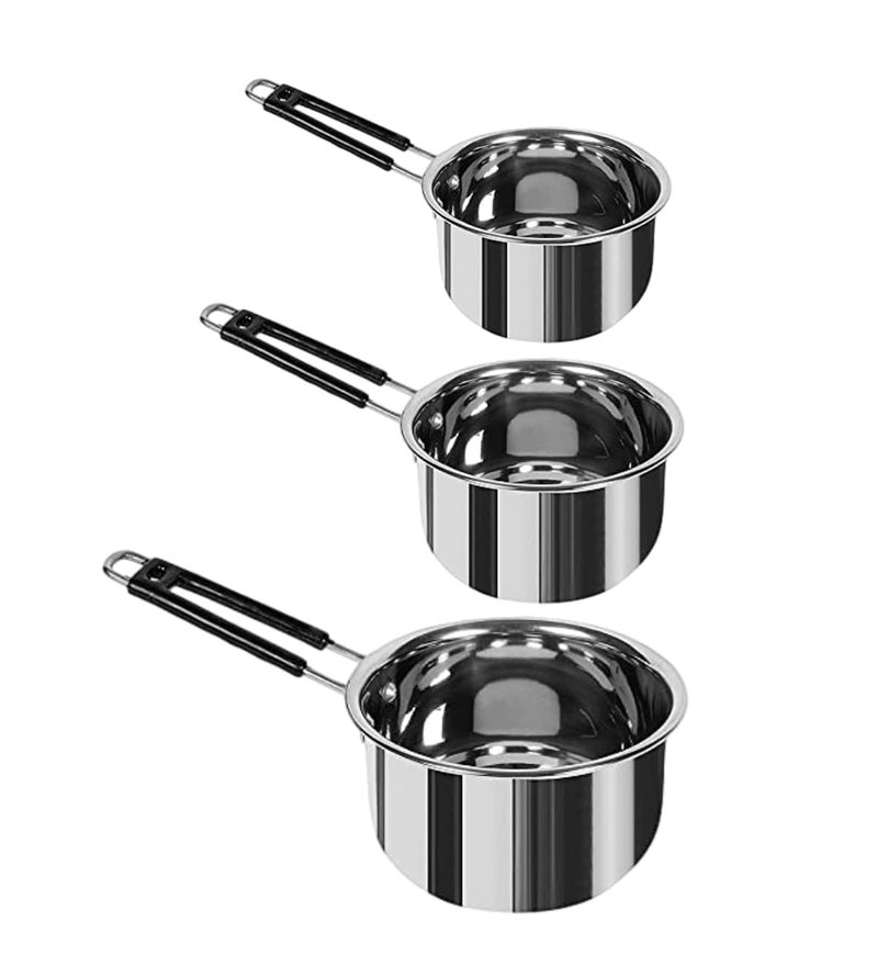 BPE Heavy Stainless Steel Bottom Tea Pot Pan, Tapeli, Patila, Sauce Pan with Handle for Kitchen (Stainless Steel, Flat Bottom, Set of 3) - Image 1