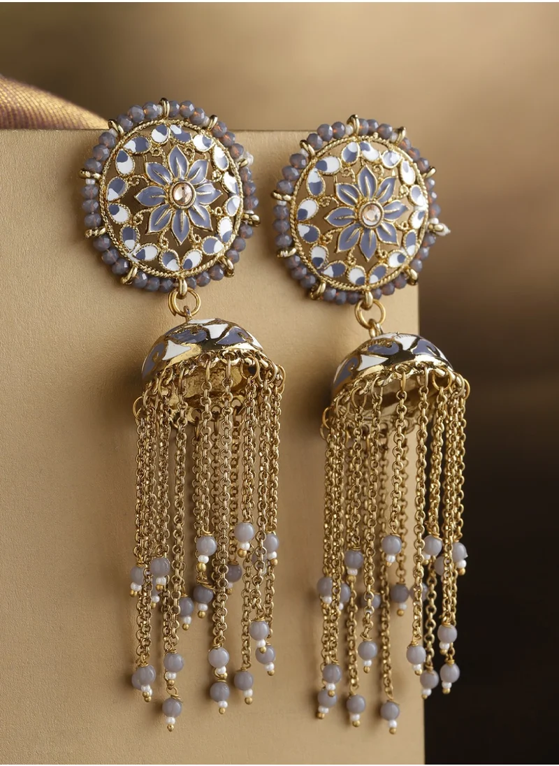 Priyaasi Grey Enamelled Stone Studded  Beaded Dome Shaped Jhumkas