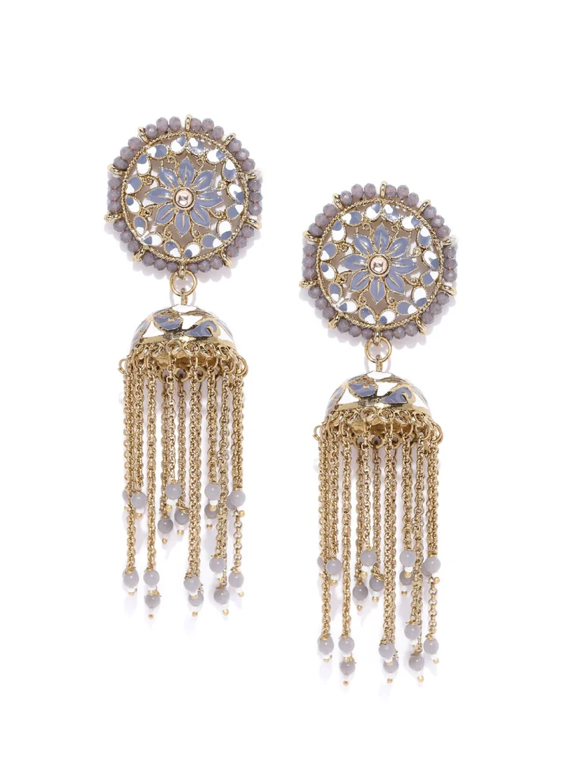 Priyaasi Grey Enamelled Stone Studded  Beaded Dome Shaped Jhumkas