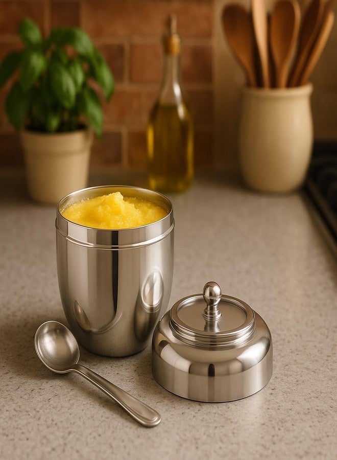 DiBha Stainless Steel Oval Shape See thru Ghee Pot Container with Spoon, Color- Silver, Capacity-300ml - Image 5