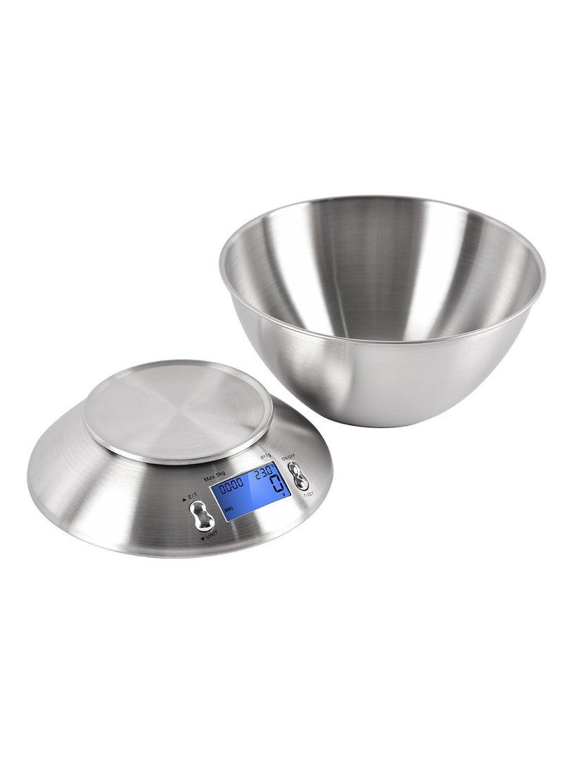 Stainless Steel Kitchen Scales Electronic Stainless Steel Food Scale with Bowl Digital Kitchen Scale with LCD Display and Ambient Temperature Sensor(Silver-5KG/1G)  - Image 1