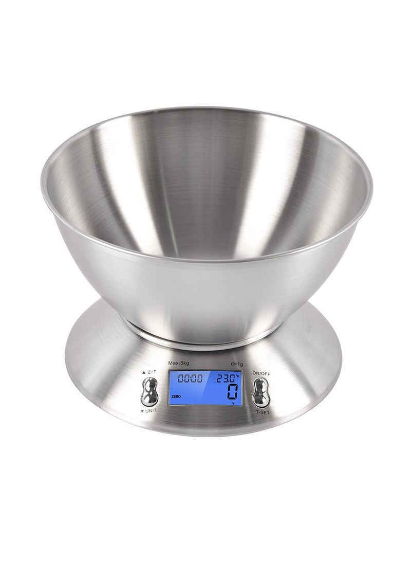 Stainless Steel Kitchen Scales Electronic Stainless Steel Food Scale with Bowl Digital Kitchen Scale with LCD Display and Ambient Temperature Sensor(Silver-5KG/1G)  - Image 2