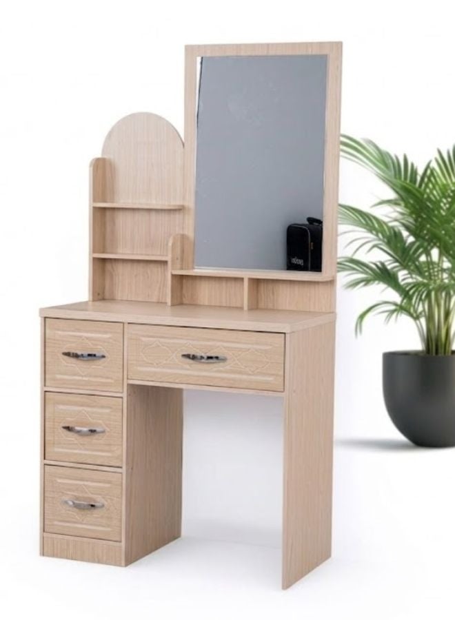 SUNLIT HOME Modern Wooden Dressing Table Vanity Set with Rectangular Mirror, 4 Storage Drawers & Built-In Shelves – Premium Makeup & Grooming Vanity Station for Bedroom - Image 1