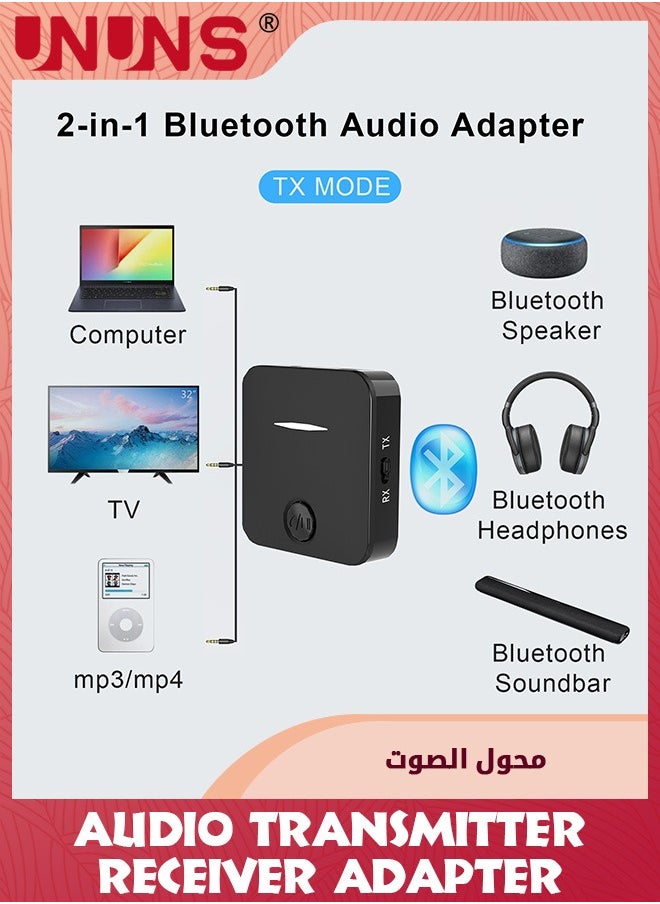 UNUNS Bluetooth 5.0 Transmitter Receiver for TV/Airplane to 2 Headphones,Wireless Audio Bluetooth Adapter In TX/Out RX,Low Latency,Aux Connector for Home Stereo/Tablet/PC/Gym/Hearing Aid  - Image 2