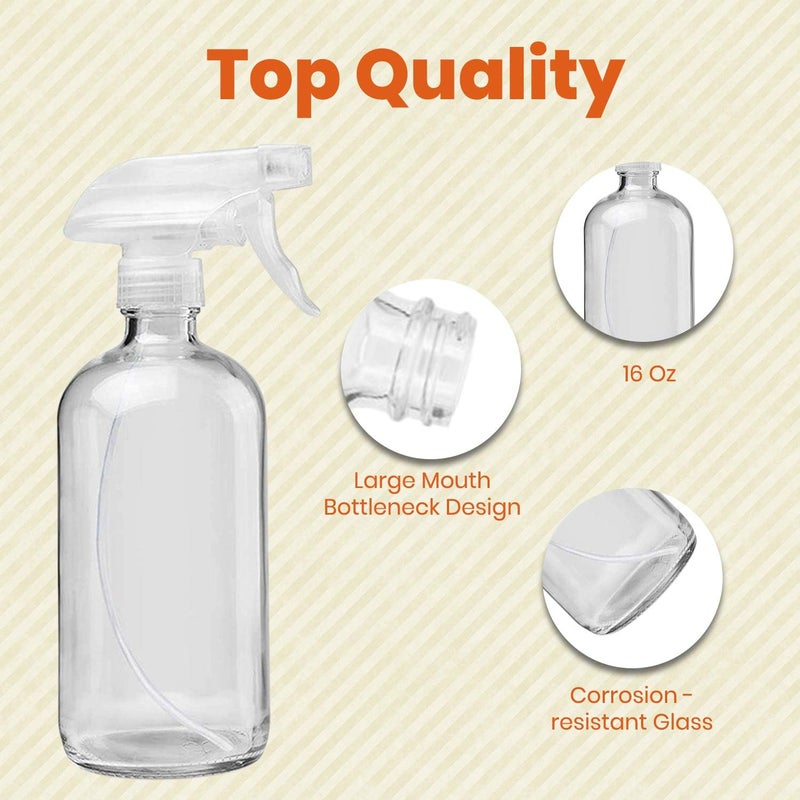 Homeries Clear Glass Spray Bottles For Cleaning Solutions (4 Pack) - 16 Ounce, Refillable Sprayer for Essential Oil, Water, Kitchen, Hair. Durable Black Trigger Sprayer w/Mist and Stream Settings (Clear) - Image 5
