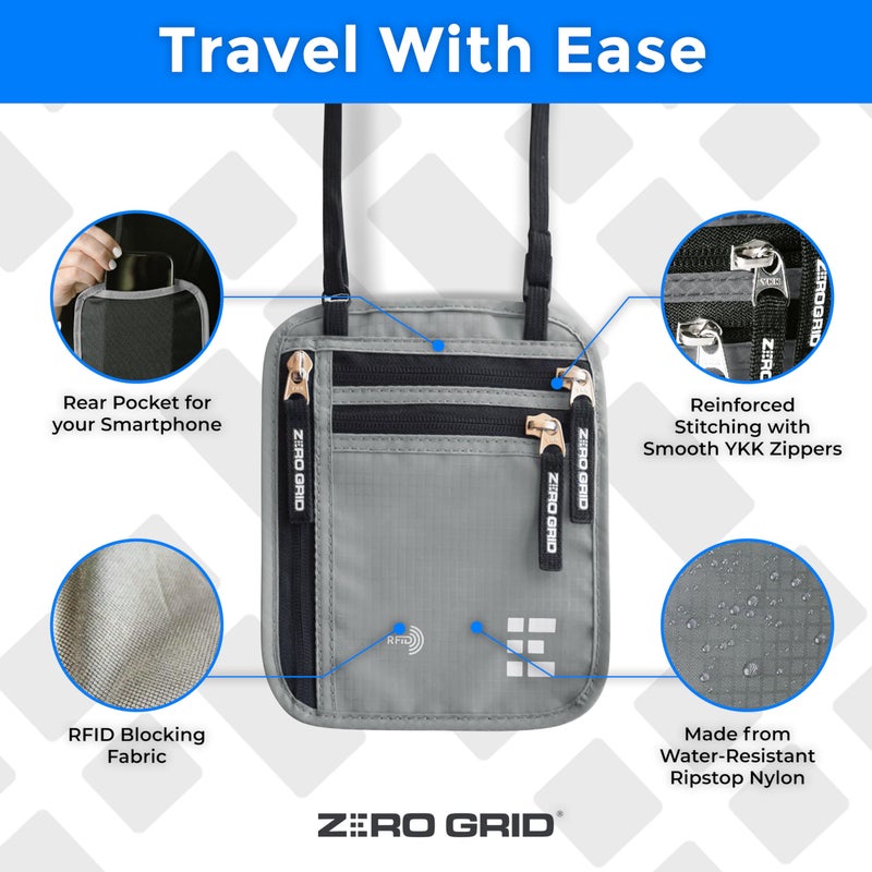 Zero Grid محفظة عنق للسفر وحامل جواز السفر مع حجب RFID - حقيبة سفر نحيفة وسهلة الإخفاء من النايلون للرجال والنساء - تحمل الهاتف والنقود والبطاقات والمفاتيح - مقاومة للعرق والماء - كبيرة - رمادي فاتح - Image 4
