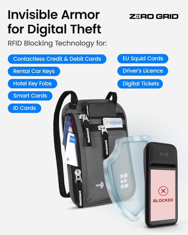 Zero Grid محفظة عنق للسفر وحامل جواز السفر مع حجب RFID - حقيبة سفر نحيفة وسهلة الإخفاء من النايلون للرجال والنساء - تحمل الهاتف والنقود والبطاقات والمفاتيح - مقاومة للعرق والماء - كبيرة - رمادي فاتح - Image 3