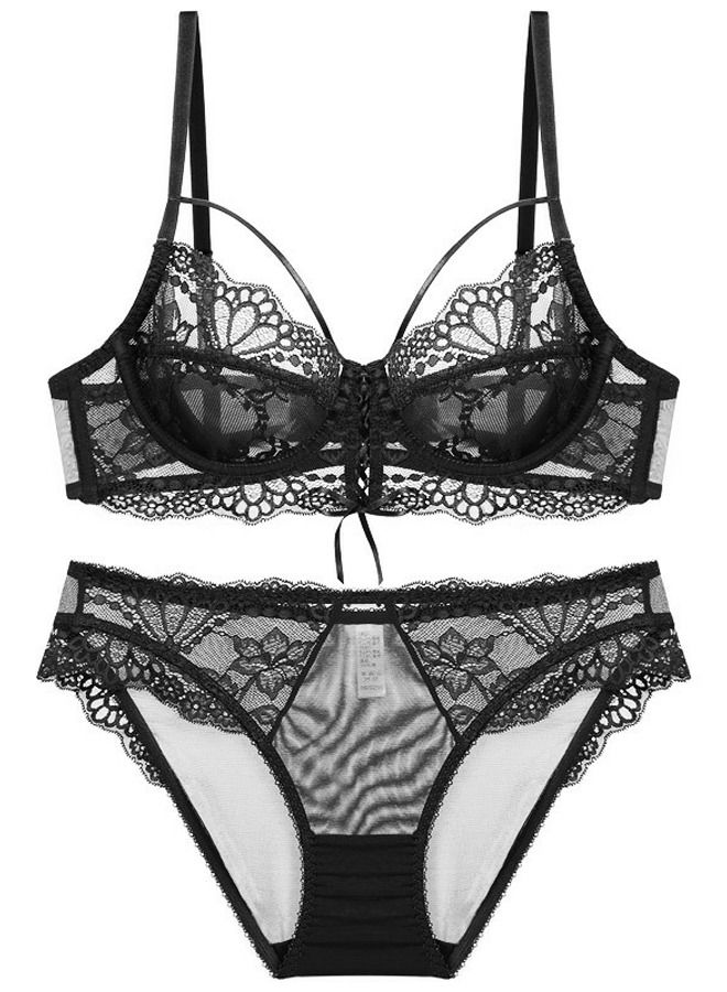 Loquat Solid Color Ultra Thin Cup Lace Bra And Panty Set Black 