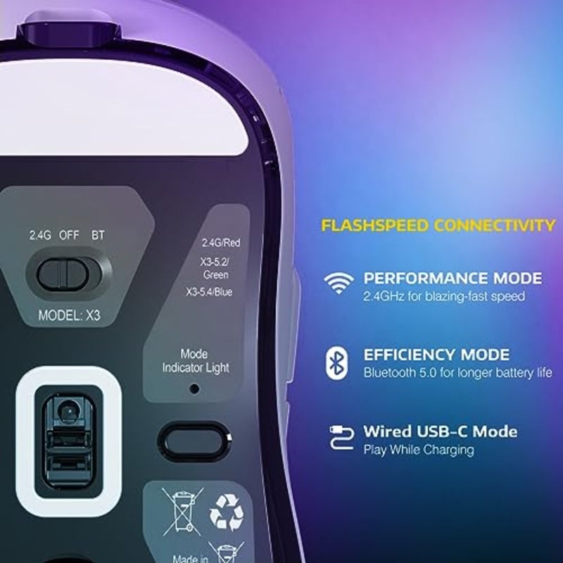 ماوس ألعاب للكمبيوتر الشخصي/Win/Mac: لاسلكي خفيف الوزن مع وضع ثلاثي 2.4G/USB-C سلكي/بلوتوث، 26K DPI، مستشعر PAW3395، مفاتيح GM8.0 Kailh، 5 أزرار قابلة للبرمجة - Image 4