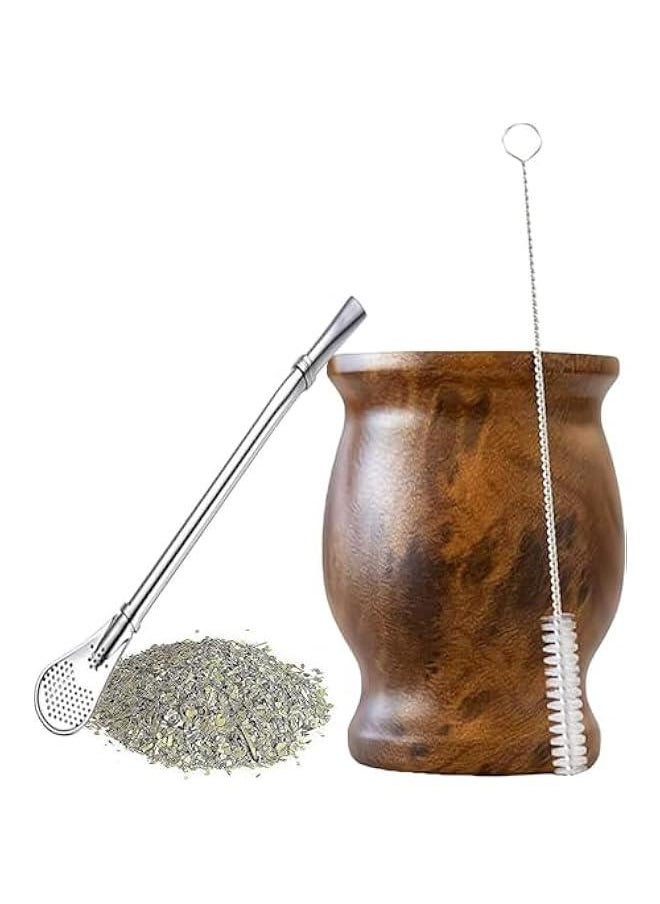 HOOKOR Yerba Mate Tea Cup, 230ml Stainless Steel Yerba Mate Cup Set, Yerba Mate Cup with Spoon Straw and Cleaning Brush, Easy to Clean Mate Cup Set for Drink Tea (Wood Grain)  - Image 1