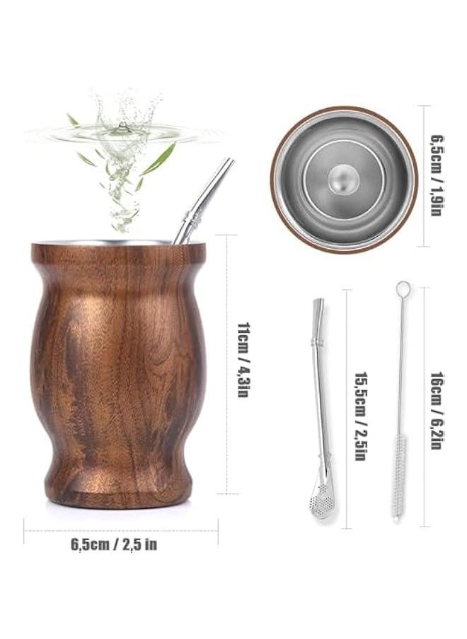 HOOKOR Yerba Mate Tea Cup, 230ml Stainless Steel Yerba Mate Cup Set, Yerba Mate Cup with Spoon Straw and Cleaning Brush, Easy to Clean Mate Cup Set for Drink Tea (Wood Grain)  - Image 2